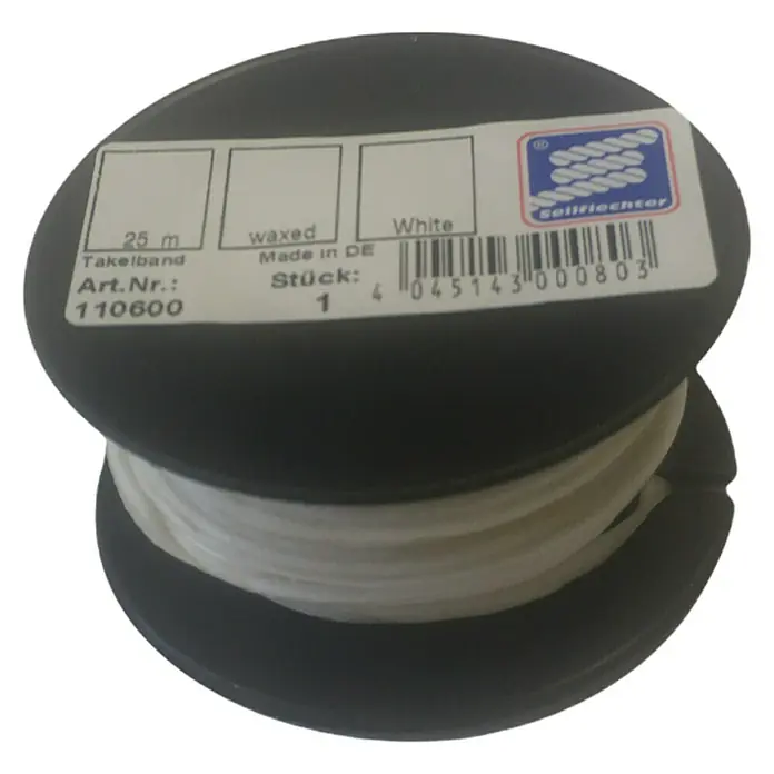 Seilflechter Cabo para aparejos encerado - Ø x L: 1 mm x 25 m, Poliéster, Blanco - Una bobina de hilo de velas Seilflechter blanco encerado, de 25 m de longitud, perfecta para diversas aplicaciones.