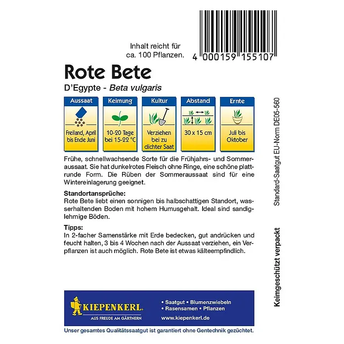 Kiepenkerl Gemüsesamen Rote BeteBeta vulgaris var. vulgaris, Erntezeit: Juli - Produktabbildung von "Rote Bete D'Egypte", einer frühen, schnellwachsenden Sorte für den Anbau im Frühjahr und Sommer.