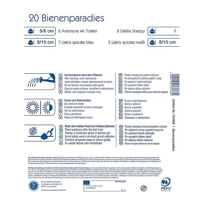 Kiepenkerl Sommerblumenzwiebel-Mix - Verschiedene sorten, 20 Stk. - Produktbild einer Packung Blumenzwiebeln mit Sorten wie Anemone, Dahlie und Liatris, ideal für ein Bienenparadies im Garten.