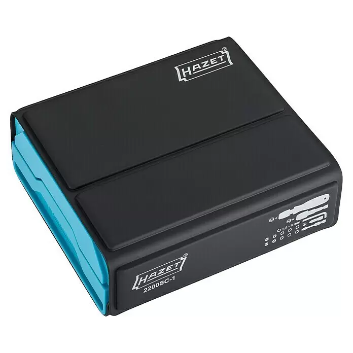 Hazet Set de puntas SmartCase - 69 ud. - Estuche compacto de juego de puntas HAZET negro y azul con número de producto 2200SC-1 e iconos de tipo de accionamiento.