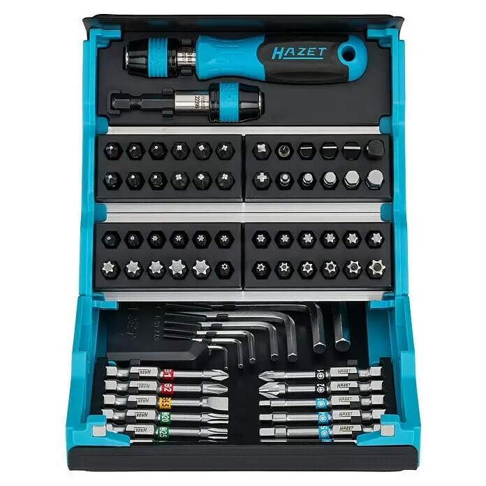 Hazet Set de puntas SmartCase - 69 ud. - Juego de herramientas Hazet en caja azul y negra con destornillador, portapuntas, varias puntas (Phillips, Torx, ranura, hexagonal) y llaves Allen.