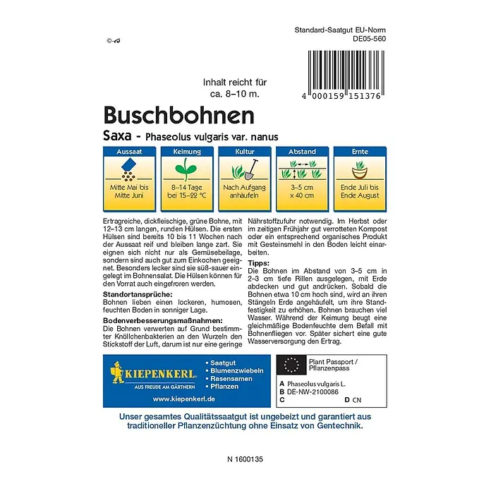Kiepenkerl Gemüsesamen Buschbohne - Saxa, Phaseolus vulgaris var. nanus, Erntezeit: Juli - Bild einer Saatguttüte für Buschbohnen der Sorte Saxa, ideal für den Anbau im eigenen Garten.