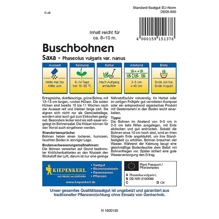 Kiepenkerl Gemüsesamen BuschbohneSaxa, Phaseolus vulgaris var. nanus, Erntezeit: Juli - Bild einer Saatguttüte für Buschbohnen der Sorte Saxa, ideal für den Anbau im eigenen Garten.