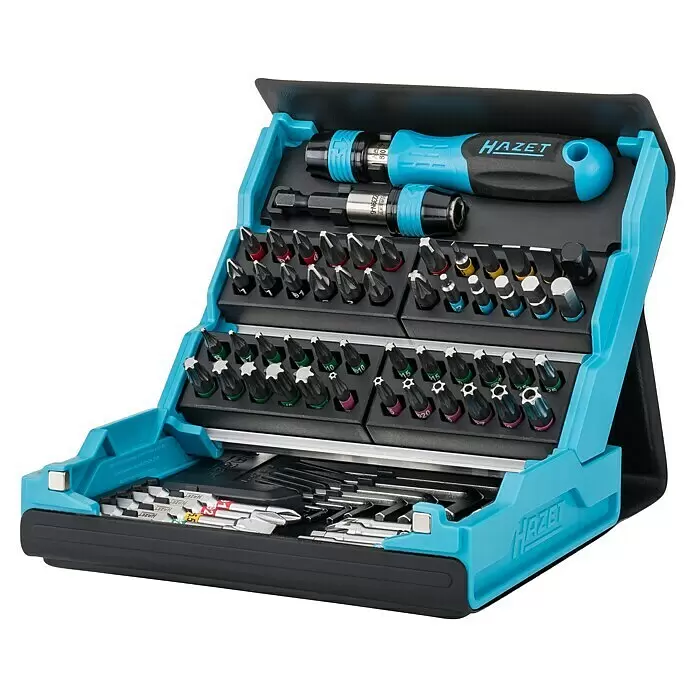 Hazet Set de puntas SmartCase - 69 ud. - Un juego de puntas HAZET en un estuche azul y negro, con mango de destornillador, portapuntas y varias puntas Phillips, Torx, planas y hexagonales.