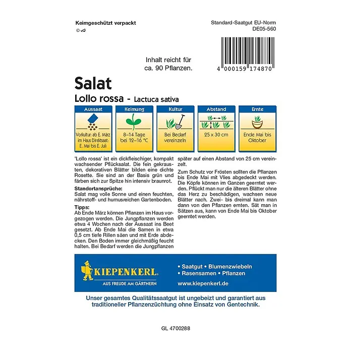 Kiepenkerl Profi-Line Salatsamen Pflücksalat rossa - Lactuca sativa var. crispa, Erntezeit: Mai - Samentüte 'Lollo rossa' Salat (Lactuca sativa) von Kiepenkerl, ideal für den Anbau von ca. 90 Pflanzen mit Anleitungen.