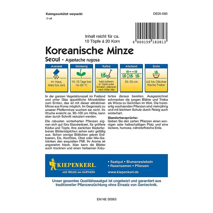 Kiepenkerl Kräutersamen Koreanische Minze - Agastache rugosa, Saatzeit: Mai, Erntezeit: Juli - Abbildung der Verpackung von Koreanische Minze 'Seoul'.\n