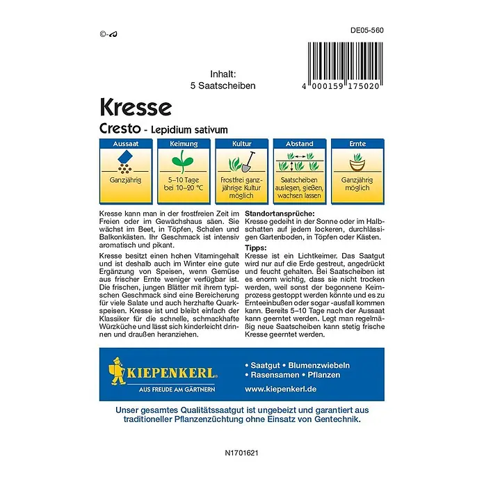 Kiepenkerl Profi-Line Saatgut Kresse Saatscheibe - Lepidium sativum - Bild einer Kresse Cresto-Samenpackung von Kiepenkerl mit Informationen zu Aussaat, Keimung, Kultur und Ernte.