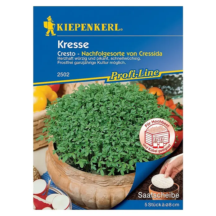 Kiepenkerl Profi-Line Saatgut Kresse Saatscheibe - Lepidium sativum - Bild einer Kresse-Samenpackung der Marke Kiepenkerl. Die Packung zeigt eine Schale mit frischer Kresse und Saatgutscheiben.