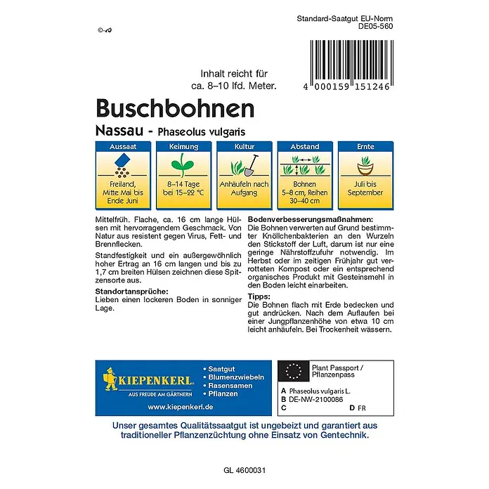 Kiepenkerl Profi-Line Gemüsesamen BuschbohneNassau, Phaseolus vulgaris var. nanus, Erntezeit: Juli - Abbildung der Samenpackung von 'Nassau' Buschbohnen (Phaseolus vulgaris), ideal für den Anbau im eigenen Garten.