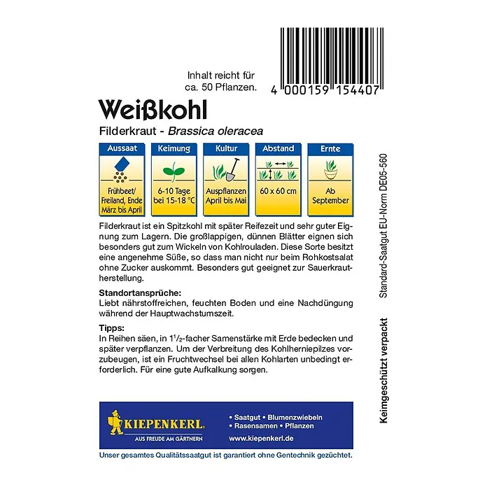 Kiepenkerl Gemüsesamen Weißkohl - Brassica oleracea var. capitata f. alba, Erntezeit: September - Abbildung einer Saatguttüte für Weißkohl der Marke Kiepenkerl mit Hinweisen zu Aussaat, Keimung, Kultur, Abstand und Ernte.