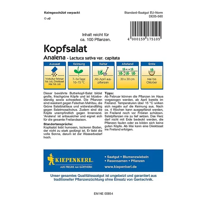 Kiepenkerl Profi-Line Salatsamen Kopfsalat - Lactuca sativa var. capitata, Erntezeit: Mai - Bild einer Samenpackung für 'Analena' Kopfsalat.