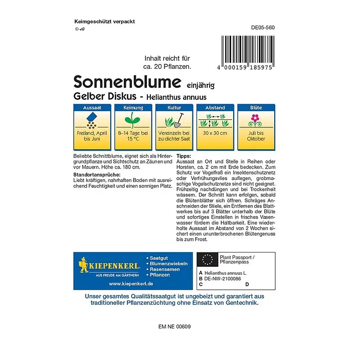 Kiepenkerl Blumensamen Sonnenblume - Gelber Diskus, Helianthus annuus - Sonnenblumen-Samenpackung. Informationen zu Aussaat, Keimung und Pflege der Helianthus annuus 'Gelber Diskus'.