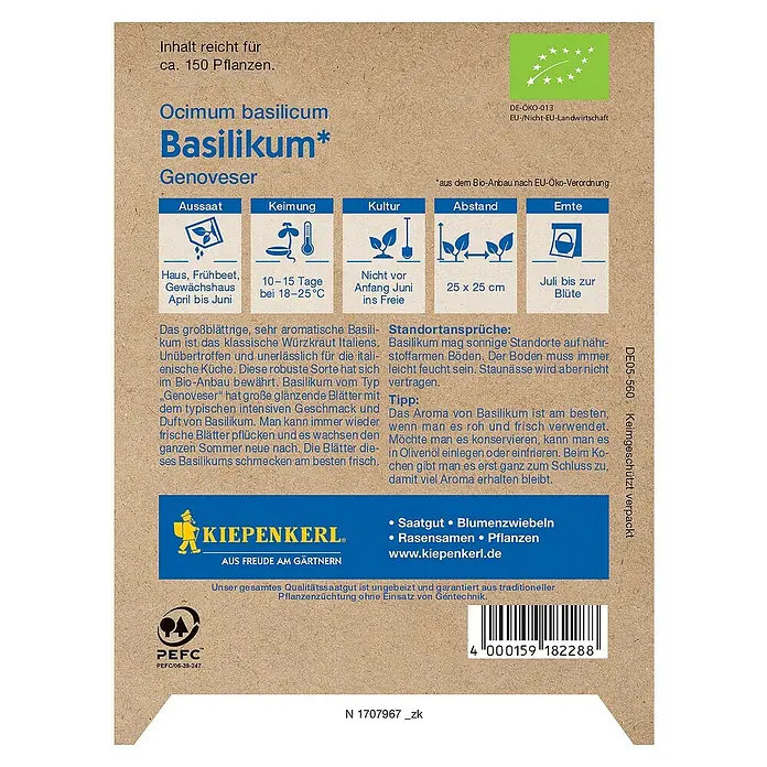 Kiepenkerl Profi-Line Kräutersamen Bio Basilikum - Ocimum basilicum, Erntezeit: Juli - Samenpackung mit Ocimum basilicum Basilikum Genoveser für ca. 150 Pflanzen.
