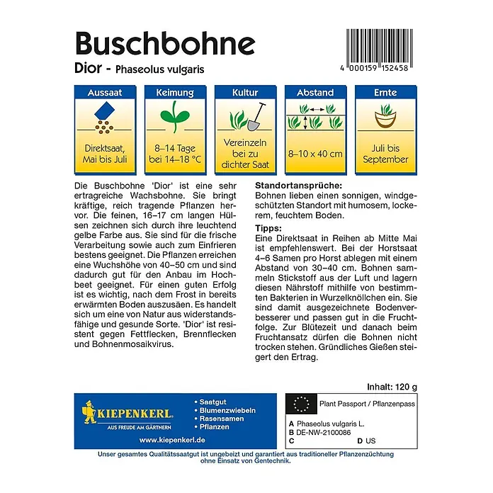 Kiepenkerl Gemüsesamen Buschbohne - Dior, Phaseolus vulgaris, Erntezeit: Juli - Abbildung einer Buschbohnen-Samenpackung, Sorte Dior, mit Anbauhinweisen und dem Kiepenkerl-Logo.