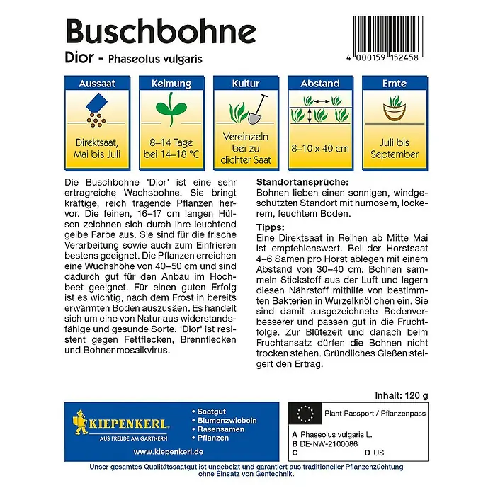 Kiepenkerl Gemüsesamen BuschbohneDior, Phaseolus vulgaris, Erntezeit: Juli - Abbildung einer Buschbohnen-Samenpackung, Sorte Dior, mit Anbauhinweisen und dem Kiepenkerl-Logo.