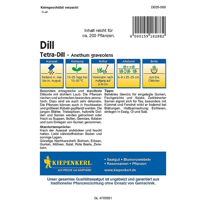 Kiepenkerl Profi-Line Kräutersamen DillAnethum graveolens var. hortorum, Saatzeit: Mai, Erntezeit: Juni - Abbildung der Kiepenkerl Tetra-Dill-Samenpackung. Informationen zu Aussaat, Keimung, Kultur, Abstand und Erntezeitpunkt des Dills.