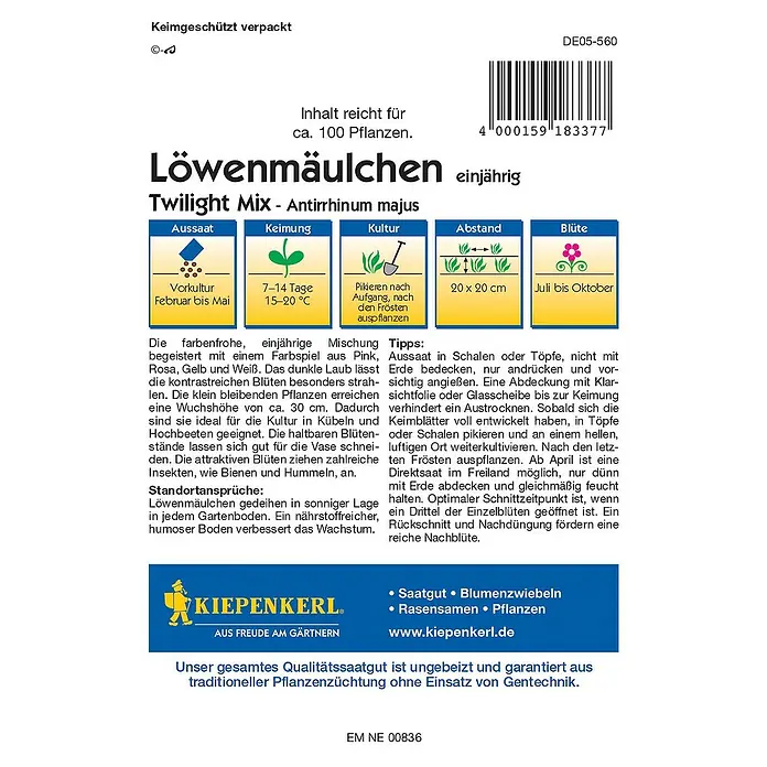 Kiepenkerl Profi-Line Blumensamen LöwenmäulchenTwilight Mix, Antirrhinum majus - Samentüte von Löwenmäulchen 'Twilight Mix', einjährige Sommerblumenmischung für farbenfrohe Gärten.