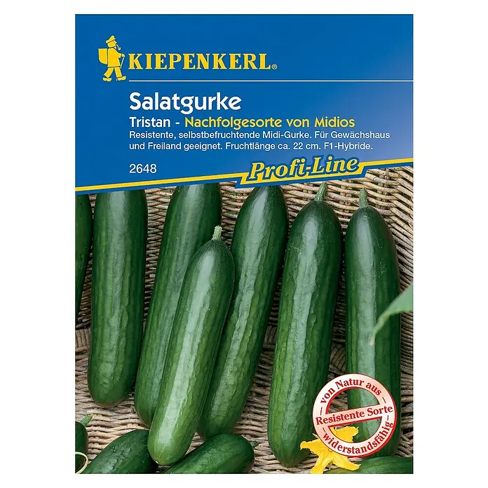 Kiepenkerl Profi-Line Gemüsesamen Salatgurke - Tristan F1, Cucumis sativus, Erntezeit: Juli - Abbildung der Saatgutpackung "Salatgurke Tristan". Die Gurken sind resistent, selbstbefruchtend und für Gewächshaus und Freiland geeignet.