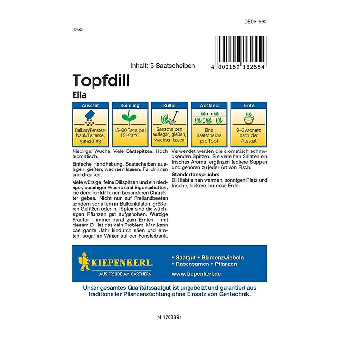 Kiepenkerl Profi-Line Kräutersamen Topfdill - Ella - Saatscheibe, Anethum graveolens var. hortorum, Saatzeit: Ganzjährig, Erntezeit: Ganzjährig - Bild einer Topfdill-Saatgutpackung der Marke Kiepenkerl, ideal für Fensterbänke und Balkone.