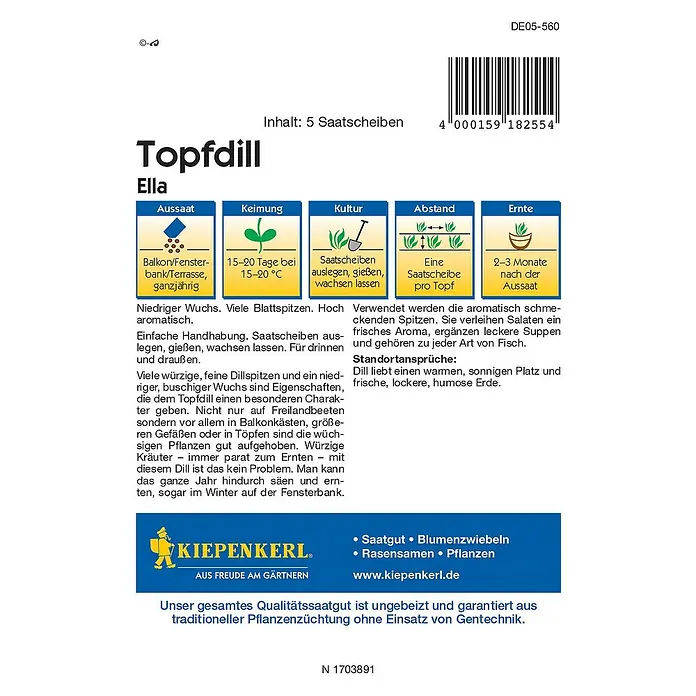 Kiepenkerl Profi-Line Kräutersamen TopfdillElla - Saatscheibe, Anethum graveolens var. hortorum, Saatzeit: Ganzjährig, Erntezeit: Ganzjährig - Bild einer Topfdill-Saatgutpackung der Marke Kiepenkerl, ideal für Fensterbänke und Balkone.