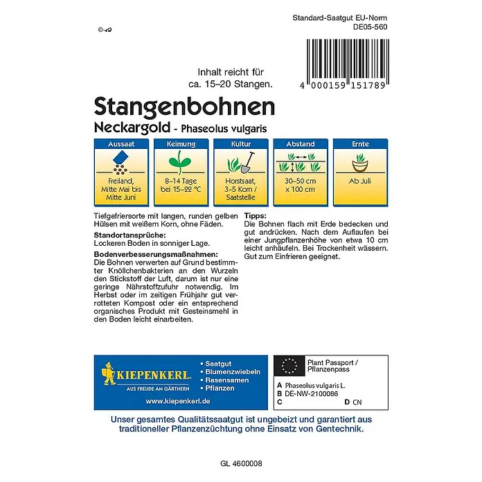 Kiepenkerl Gemüsesamen Stangenbohne NeckargoldPhaseolus vulgaris var. vulgaris, Erntezeit: Juli - Samenpackung Stangenbohnen Neckargold, eine Sorte für Tiefkühlung mit langen, runden, gelben Hülsen und weißen Kernen.