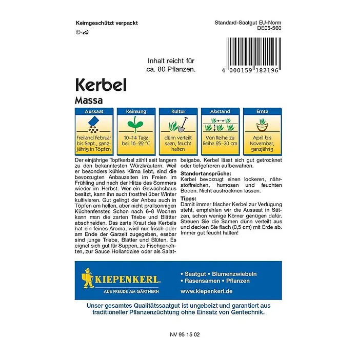 Kiepenkerl Profi-Line Kräutersamen Kerbel - Anthriscus cerefolium var. cerefolium, Saatzeit: Februar, Erntezeit: April - Kerbel 'Massa' Saatgutpackung.