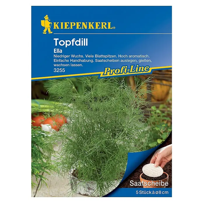 Kiepenkerl Profi-Line Kräutersamen TopfdillElla - Saatscheibe, Anethum graveolens var. hortorum, Saatzeit: Ganzjährig, Erntezeit: Ganzjährig - Das Bild zeigt eine Samenpackung "Topfdill Ella" von Kiepenkerl mit Dillpflanze und Saatscheibe.