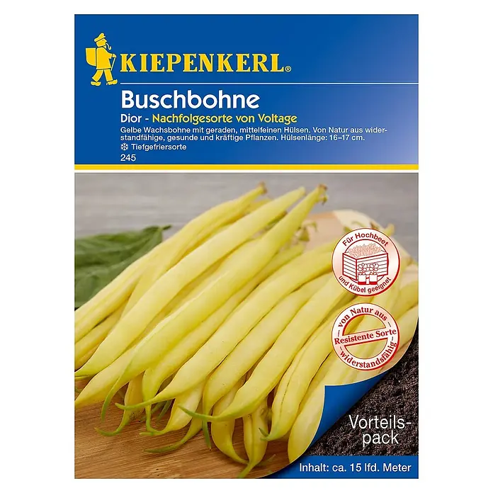 Kiepenkerl Gemüsesamen Buschbohne - Dior, Phaseolus vulgaris, Erntezeit: Juli - Bild einer Packung Kiepenkerl Buschbohne Dior. Die Packung zeigt gelbe Wachsbohnen und Informationen zur Sorte.