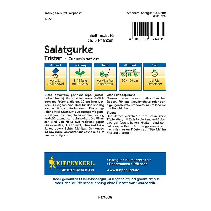 Kiepenkerl Profi-Line Gemüsesamen Salatgurke - Tristan F1, Cucumis sativus, Erntezeit: Juli - Abbildung der "Salatgurke Tristan"-Samenpackung von Kiepenkerl, die für ca. 5 Pflanzen reicht und resistente Gurken produziert.