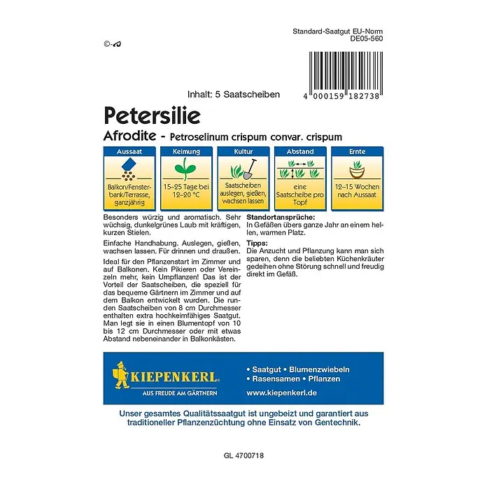 Kiepenkerl Profi-Line Kräutersamen Petersilie Saatscheibe - Petroselinum crispum var. crispum, Erntezeit: Ganzjährig - Bild einer Verpackung Petersiliensamen von Kiepenkerl, die 'Afrodite' Petersiliensorte mit Anweisungen zum Anbau zeigt.