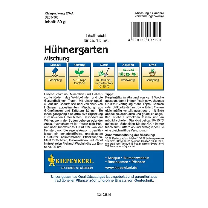 Kiepenkerl Profi-Line Saatgut Hühnergarten - Verschiedene sorten - Samenpackung Hühnergarten Mischung: Frische, vitaminreiche Futtermischung für Hühner. Geeignet für ganzjährige Aussaat im Garten.