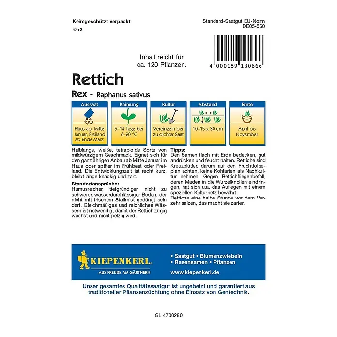 Kiepenkerl Profi-Line Gemüsesamen Rettich Rex 3066 - Raphanus sativus var. longipinnatus, Erntezeit: April - Rettich-Samenpackung "Rex": Anbauhinweise für knackige, milde Radieschen.