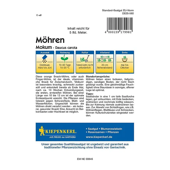Kiepenkerl Profi-Line Gemüsesamen Möhre - Mokum, Daucus carota, Erntezeit: Mai - Möhren 'Mokum' Saatgutpackung mit Anweisungen zu Aussaat, Keimung, Kultur, Abstand und Ernte für den Anbau von Karotten.