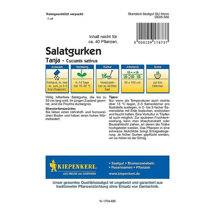 Kiepenkerl Profi-Line Gemüsesamen Salatgurke - Tanja, Cucumis sativus, Erntezeit: Juli - Abbildung des Saatguts 'Salatgurken Tanja'. Informationen zu Aussaat, Keimung, Kultur, Abstand und Erntezeit.
