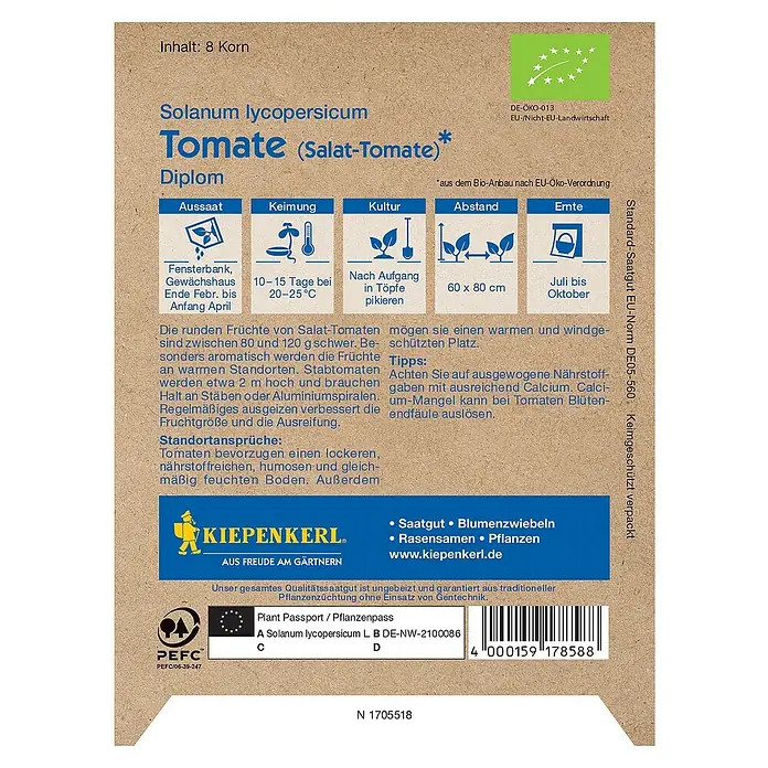 Kiepenkerl Profi-Line Gemüsesamen Bio Salat-Tomate - Solanum lycopersicum, Erntezeit: Juli - Abbildung einer Saatguttüte für "Diplom"-Salat-Tomaten (Solanum lycopersicum) von Kiepenkerl, die Anbauhinweise und das Bio-Siegel zeigt.