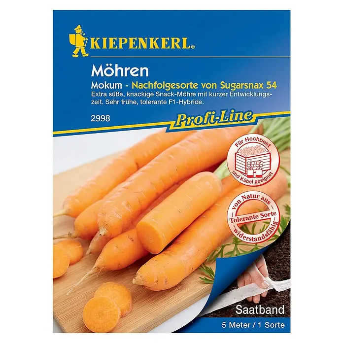 Kiepenkerl Profi-Line Gemüsesamen Möhre - Mokum, Daucus carota, Erntezeit: Mai - Abbildung der Kiepenkerl Möhren Mokum Saatband-Packung, eine extra süße und knackige Snack-Möhre.