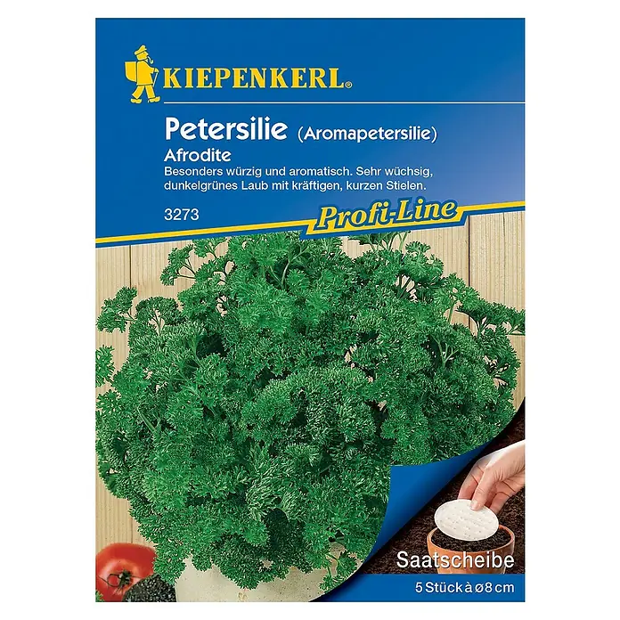 Kiepenkerl Profi-Line Kräutersamen Petersilie Saatscheibe - Petroselinum crispum var. crispum, Erntezeit: Ganzjährig - Produktbild der "Petersilie Afrodite" von Kiepenkerl, einer aromatischen Petersiliensorte für den Anbau im Garten oder auf dem Balkon.