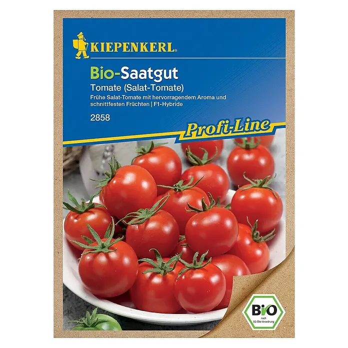 Kiepenkerl Profi-Line Gemüsesamen Bio Salat-Tomate - Solanum lycopersicum, Erntezeit: Juli - Abbildung einer Kiepenkerl Bio-Saatgutpackung Tomate (Salat-Tomate) mit einer Nahaufnahme von roten, reifen Tomaten.