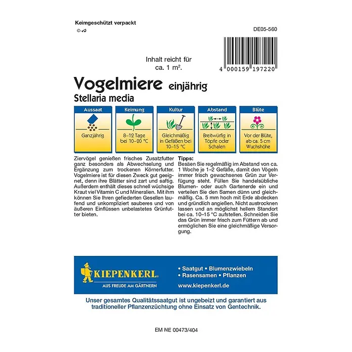 Kiepenkerl Profi-Line Blumensamen Vogelmiere - Stellaria media, 1 m² - Abbildung einer Samenpackung Vogelmiere einjährig (Stellaria media) mit Anweisungen zu Aussaat, Keimung, Pflege, Abstand und Blüte.