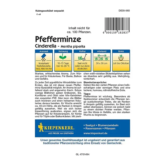 Kiepenkerl Profi-Line Kräutersamen Pfefferminze - Mentha piperita, Erntezeit: Juli - Abbildung einer Kiepenkerl Pfefferminze Cinderella Samenpackung mit Anbauhinweisen.