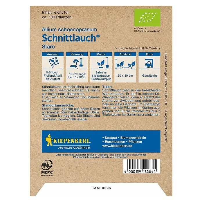 Kiepenkerl Profi-Line Kräutersamen BIO Schnittlauch - Allium schoenoprasum, Saatzeit: April, Erntezeit: Ganzjährig - Bild einer Samenpackung für Schnittlauch der Sorte 'Staro' von Kiepenkerl mit Informationen zu Aussaat, Keimung und Anbau.