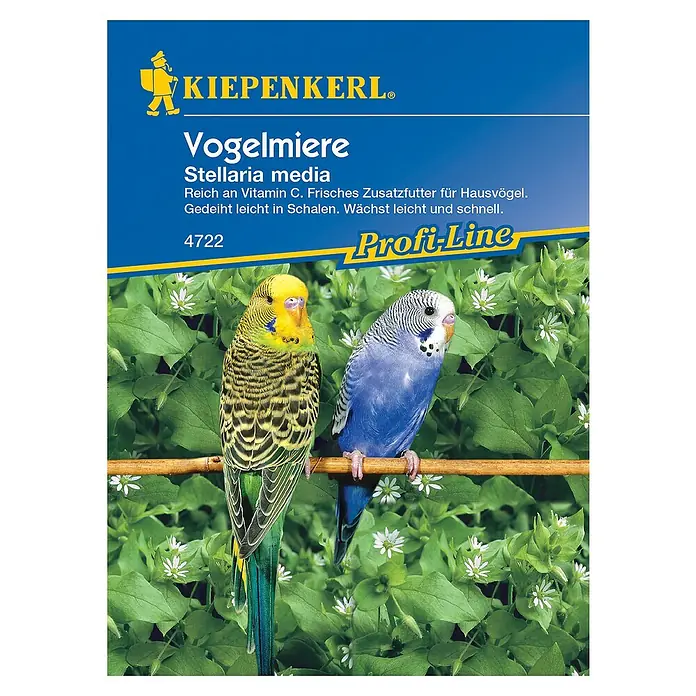 Kiepenkerl Profi-Line Blumensamen Vogelmiere - Stellaria media, 1 m² - Produktbild von Kiepenkerl Vogelmiere, Ergänzungsfutter für Ziervögel, reich an Vitamin C, verpackt in einer blauen Packung mit 2 Sittichen.
