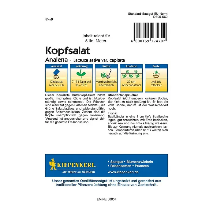 Kiepenkerl Profi-Line Salatsamen Kopfsalat Saatband - Lactuca sativa var. capitata, Erntezeit: Mai - Samentüte Kopfsalat Analena.
