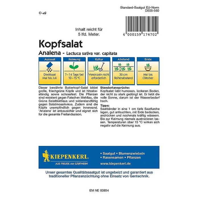 Kiepenkerl Profi-Line Salatsamen Kopfsalat SaatbandLactuca sativa var. capitata, Erntezeit: Mai - Samentüte Kopfsalat Analena.