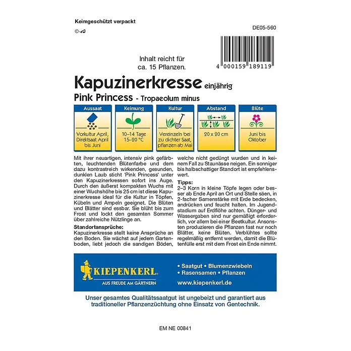 Kiepenkerl Profi-Line Kräutersamen Kapuzinerkresse - Tropaeolum minus, Saatzeit: April - Bild einer Samenpackung Kapuzinerkresse Pink Princess, einer einjährigen Pflanze mit pinkfarbenen Blüten und essbaren Blättern.