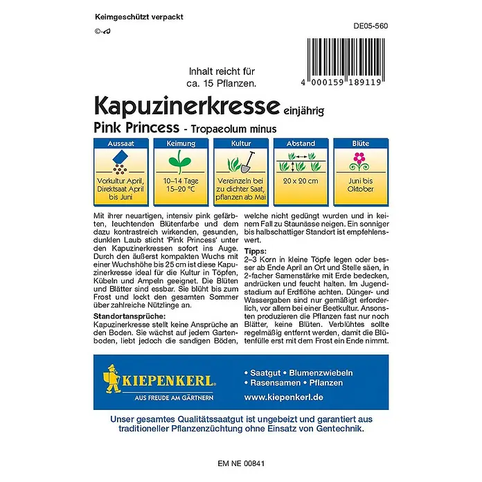 Kiepenkerl Profi-Line Kräutersamen KapuzinerkresseTropaeolum minus, Saatzeit: April - Bild einer Samenpackung Kapuzinerkresse Pink Princess, einer einjährigen Pflanze mit pinkfarbenen Blüten und essbaren Blättern.