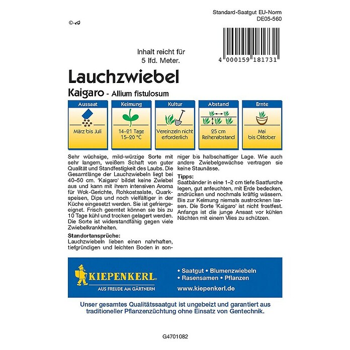 Kiepenkerl Profi-Line Gemüsesamen Lauchzwiebel Kaigaro (Allium fistulosum, Erntezeit: Mai, Saatband) | BAUHAUS