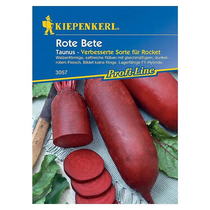 Kiepenkerl Profi-Line Gemüsesamen Rote Bete - Taunus F1, Beta vulgaris, Erntezeit: Juli - Produktfoto der "Kiepenkerl Rote Bete Taunus" Samenpackung. Die Sorte bietet walzenförmige Rüben mit dunkelrotem Fleisch.