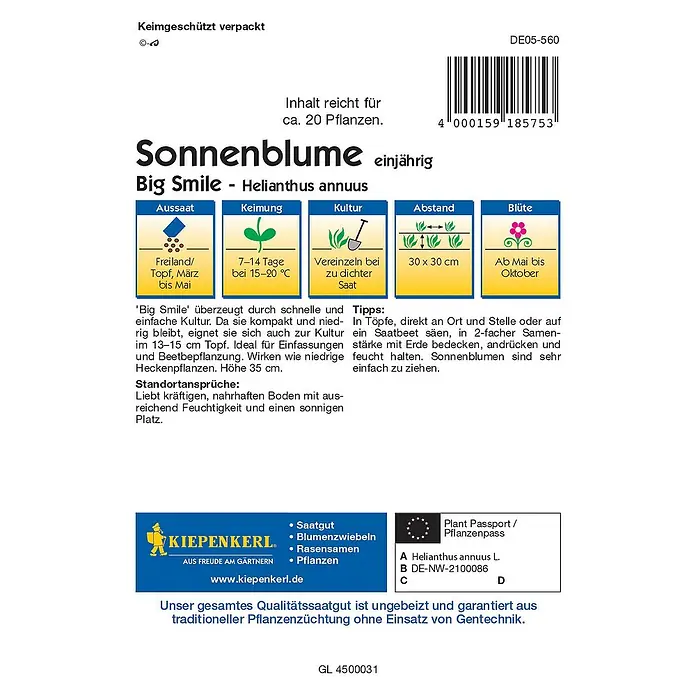 Kiepenkerl Profi-Line Blumensamen SonnenblumeBig Smile, Helianthus annuus, Blütezeit: Mai - Abbildung der Sonnenblume 'Big Smile' Samenpackung mit Anbauhinweisen und dem Kiepenkerl-Logo.