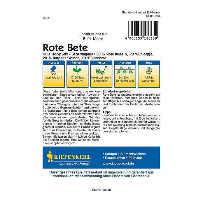 Kiepenkerl Gemüsesamen - Beta vulgaris, Erntezeit: Juli - Samentüte von 'Rote Bete Hula Hoop Mix', einer Mischung aus verschiedenen Sorten für farbenfrohe und schmackhafte Rüben.